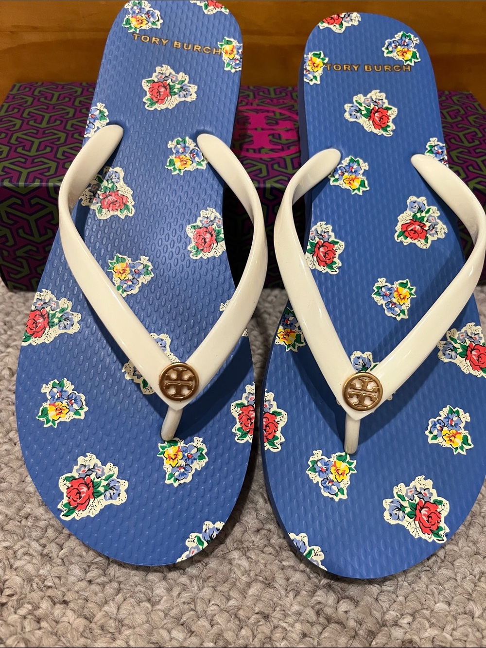 Tory Burch Blue Floral Flip Flops with White Straps - Picture 3 of 8